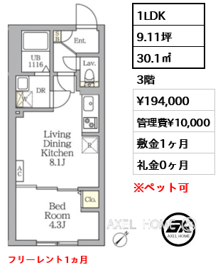 1LDK 30.1㎡  賃料¥194,000 管理費¥10,000 敷金1ヶ月 礼金0ヶ月 フリーレント1ヵ月