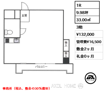 1R 33.00㎡  賃料¥132,000 管理費¥16,500 敷金2ヶ月 礼金0ヶ月 事務所（税込、敷金の30％償却）　