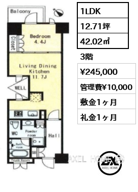 1LDK 42.02㎡  賃料¥245,000 管理費¥10,000 敷金1ヶ月 礼金1ヶ月