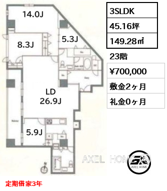 3SLDK 149.28㎡  賃料¥700,000 敷金2ヶ月 礼金0ヶ月 定期借家3年