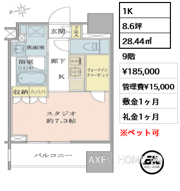 1K 28.44㎡  賃料¥185,000 管理費¥15,000 敷金1ヶ月 礼金1ヶ月