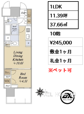 1LDK 37.66㎡  賃料¥245,000 敷金1ヶ月 礼金1ヶ月