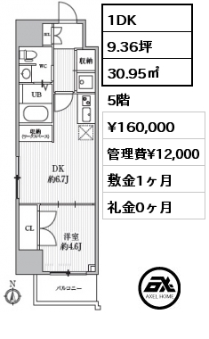 1DK 30.95㎡ 5階 賃料¥160,000 管理費¥12,000 敷金1ヶ月 礼金0ヶ月