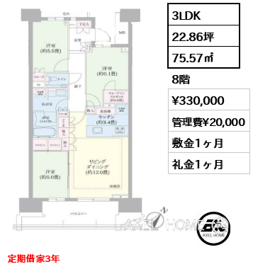 3LDK 75.57㎡  賃料¥330,000 管理費¥20,000 敷金1ヶ月 礼金1ヶ月 定期借家3年