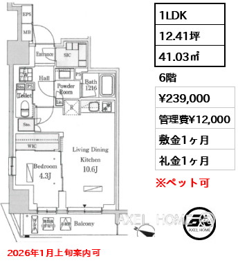 1LDK 41.03㎡  賃料¥239,000 管理費¥12,000 敷金1ヶ月 礼金1ヶ月 2026年1月上旬案内可