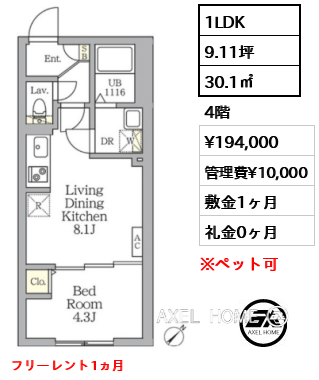 1LDK 30.1㎡  賃料¥194,000 管理費¥10,000 敷金1ヶ月 礼金0ヶ月 フリーレント1ヵ月