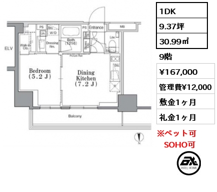 1DK 30.99㎡ 9階 賃料¥167,000 管理費¥12,000 敷金1ヶ月 礼金1ヶ月