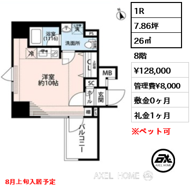 1R 26㎡  賃料¥128,000 管理費¥8,000 敷金0ヶ月 礼金1ヶ月 8月上旬入居予定
