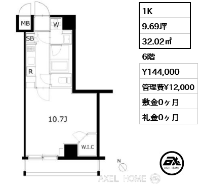 1K 32.02㎡  賃料¥144,000 管理費¥12,000 敷金0ヶ月 礼金0ヶ月