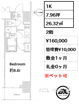 1K 26.32㎡  賃料¥160,000 管理費¥10,000 敷金1ヶ月 礼金0ヶ月 　