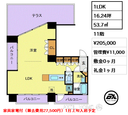 1LDK 53.7㎡  賃料¥205,000 管理費¥11,000 敷金0ヶ月 礼金1ヶ月 家具家電付（撤去費用27,500円）1月上旬入居予定