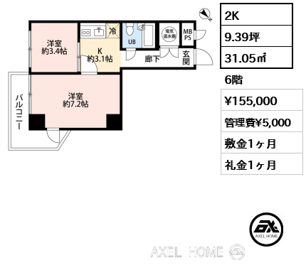 2K 31.05㎡  賃料¥155,000 管理費¥5,000 敷金1ヶ月 礼金1ヶ月