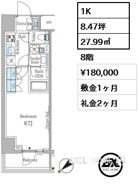 1K 27.99㎡  賃料¥180,000 敷金1ヶ月 礼金2ヶ月
