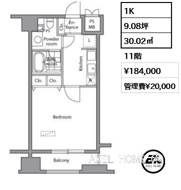 1K 30.02㎡  賃料¥184,000 管理費¥20,000