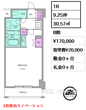 1R 30.57㎡  賃料¥170,000 管理費¥20,000 敷金0ヶ月 礼金0ヶ月 3月室内リノベーション