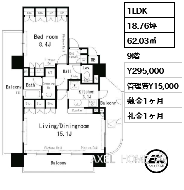 1LDK 62.03㎡  賃料¥295,000 管理費¥15,000 敷金1ヶ月 礼金1ヶ月