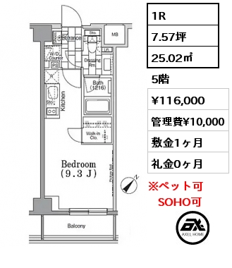 1R 25.02㎡ 5階 賃料¥116,000 管理費¥10,000 敷金1ヶ月 礼金0ヶ月