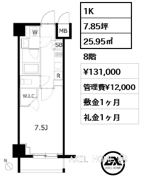 1K 25.95㎡  賃料¥131,000 管理費¥12,000 敷金1ヶ月 礼金1ヶ月