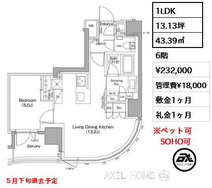 1LDK 43.39㎡  賃料¥232,000 管理費¥18,000 敷金1ヶ月 礼金1ヶ月 ５月下旬退去予定
