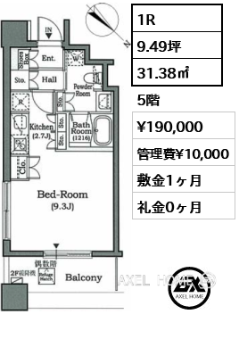 1R 31.38㎡  賃料¥190,000 管理費¥10,000 敷金1ヶ月 礼金0ヶ月