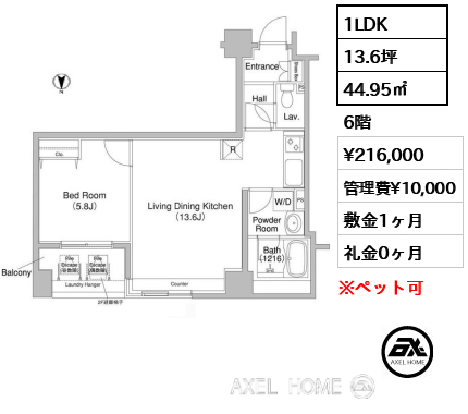 1LDK 44.95㎡  賃料¥216,000 管理費¥10,000 敷金1ヶ月 礼金0ヶ月