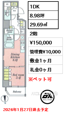 1DK 29.69㎡  賃料¥150,000 管理費¥10,000 敷金1ヶ月 礼金0ヶ月 2026年1月27日退去予定