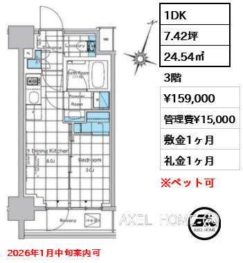1DK 24.54㎡  賃料¥159,000 管理費¥15,000 敷金1ヶ月 礼金1ヶ月 2026年1月中旬案内可