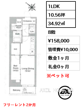 1LDK 34.92㎡  賃料¥158,000 管理費¥10,000 敷金1ヶ月 礼金0ヶ月 フリーレント2か月