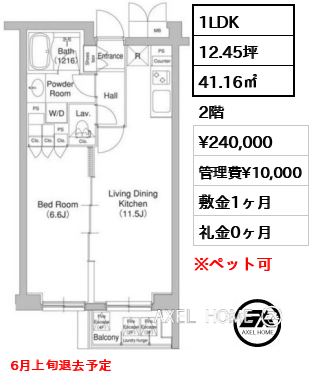 1LDK 41.16㎡  賃料¥240,000 管理費¥10,000 敷金1ヶ月 礼金0ヶ月 6月上旬退去予定