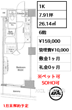 1K 26.14㎡  賃料¥159,000 管理費¥10,000 敷金1ヶ月 礼金0ヶ月 1月末解約予定