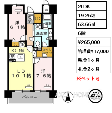 2LDK 63.66㎡  賃料¥265,000 管理費¥17,000 敷金1ヶ月 礼金2ヶ月