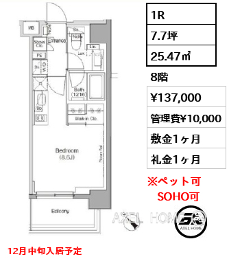1R 25.47㎡  賃料¥137,000 管理費¥10,000 敷金1ヶ月 礼金1ヶ月 12月中旬入居予定
