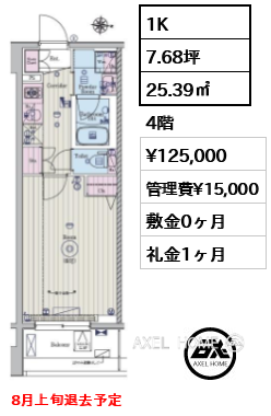 1K 25.39㎡  賃料¥125,000 管理費¥15,000 敷金0ヶ月 礼金1ヶ月 8月上旬退去予定