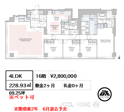 4LDK 228.93㎡  賃料¥2,800,000 敷金2ヶ月 礼金0ヶ月 定期借家2年　6月退去予定