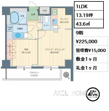1LDK 43.6㎡  賃料¥225,000 管理費¥15,000 敷金1ヶ月 礼金1ヶ月