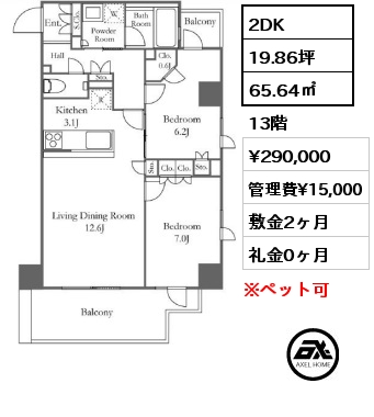 2DK 65.64㎡ 13階 賃料¥290,000 管理費¥15,000 敷金2ヶ月 礼金0ヶ月