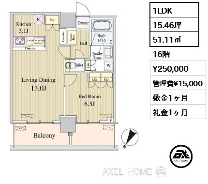 1LDK 51.11㎡  賃料¥250,000 管理費¥15,000 敷金1ヶ月 礼金1ヶ月