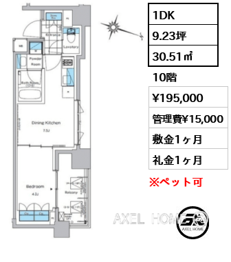 1DK 30.51㎡  賃料¥195,000 管理費¥15,000 敷金1ヶ月 礼金1ヶ月 　