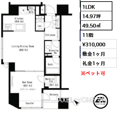 1LDK 49.50㎡  賃料¥310,000 敷金1ヶ月 礼金1ヶ月