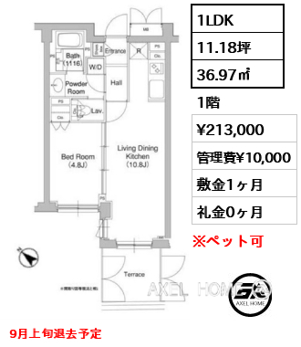 1LDK 36.97㎡  賃料¥213,000 管理費¥10,000 敷金1ヶ月 礼金0ヶ月 9月上旬退去予定