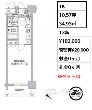 1K 34.93㎡  賃料¥183,000 管理費¥20,000 敷金0ヶ月 礼金0ヶ月