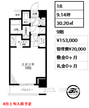 1R 30.20㎡  賃料¥153,000 管理費¥20,000 敷金0ヶ月 礼金0ヶ月 8月上旬入居予定