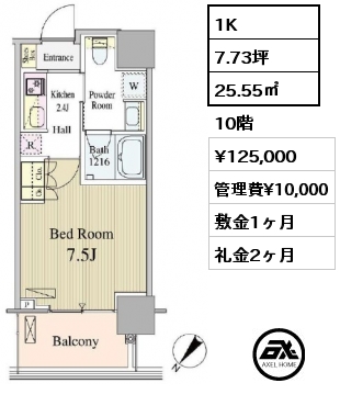 1K 25.55㎡ 10階 賃料¥125,000 管理費¥10,000 敷金1ヶ月 礼金2ヶ月