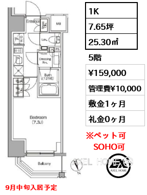 1K 25.30㎡  賃料¥159,000 管理費¥10,000 敷金1ヶ月 礼金0ヶ月 9月中旬入居予定