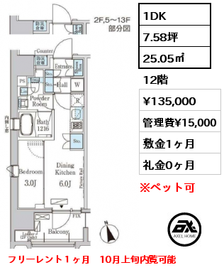 1DK 25.05㎡ 12階 賃料¥135,000 管理費¥15,000 敷金1ヶ月 礼金0ヶ月 フリーレント１ヶ月　10月上旬内覧可能