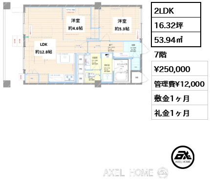 2LDK 53.94㎡  賃料¥250,000 管理費¥12,000 敷金1ヶ月 礼金1ヶ月
