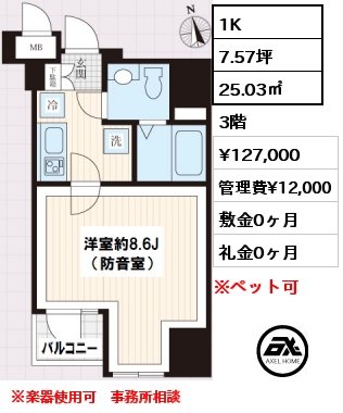間取り4 1K 25.03㎡ 3階 賃料¥127,000 管理費¥12,000 敷金0ヶ月 礼金0ヶ月 ※楽器使用可　事務所相談