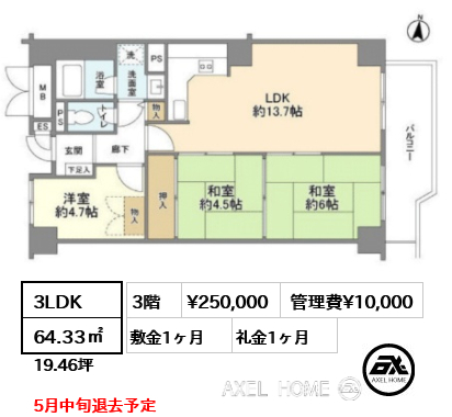 3LDK 64.33㎡  賃料¥250,000 管理費¥10,000 敷金1ヶ月 礼金1ヶ月 5月中旬退去予定