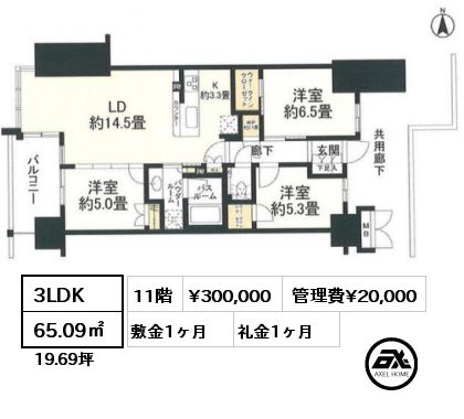 間取り4 3LDK 65.09㎡ 11階 賃料¥300,000 管理費¥20,000 敷金1ヶ月 礼金1ヶ月
