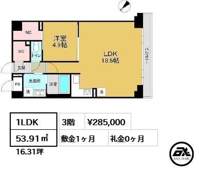 間取り4 1LDK 53.91㎡  賃料¥285,000 敷金1ヶ月 礼金0ヶ月 　　